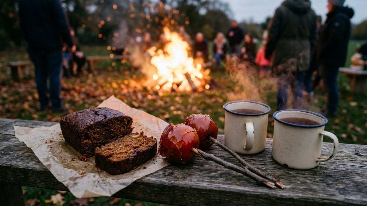 Traditional Bonfire Night foods including parkin cake, toffee apples, jacket potatoes, sparklers, and fireworks