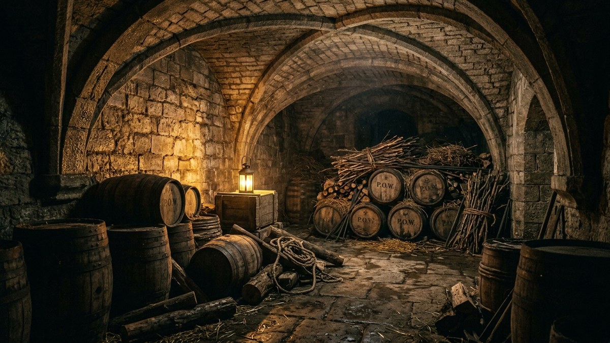 The cellar beneath the Palace of Westminster with 36 barrels of gunpowder in November 1605