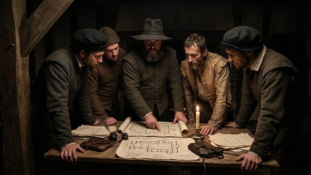 The Gunpowder Plot conspirators secret meeting in a candlelit London room examining Westminster plans