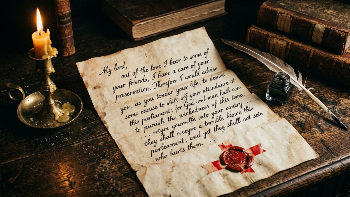The historic Monteagle letter on an antique oak desk with quill and candlestick that exposed the plot