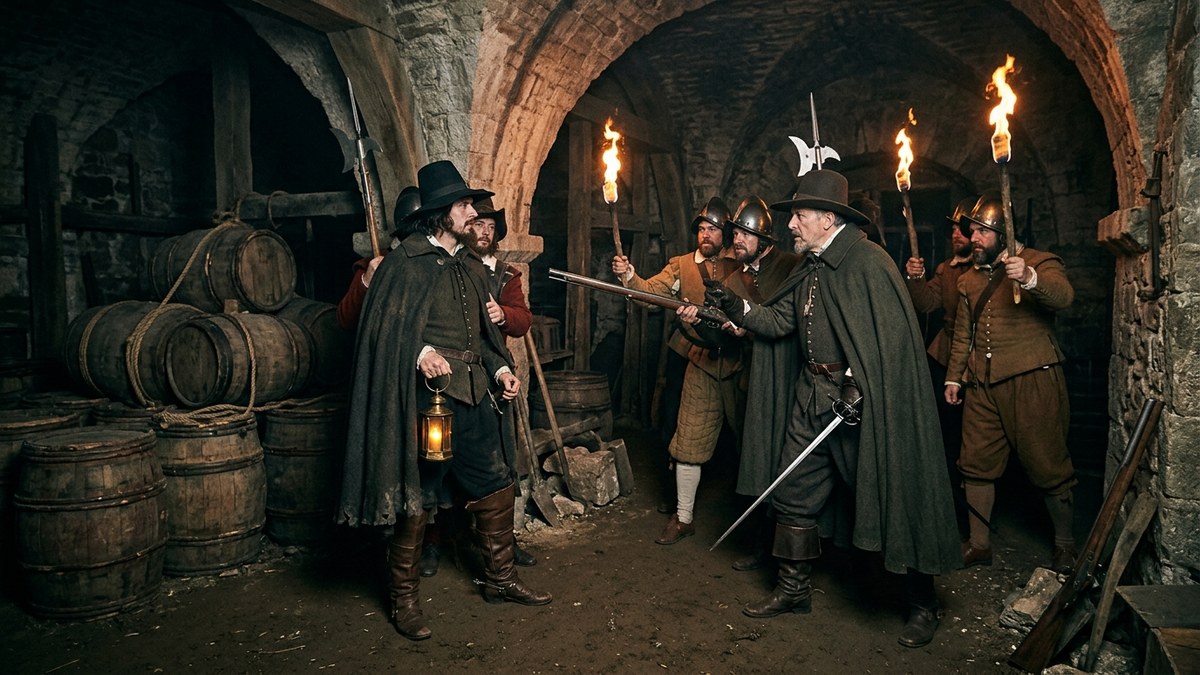 The dramatic midnight arrest of Guy Fawkes in the Westminster cellar by royal guards with torches