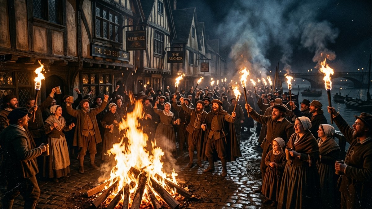 First historic celebratory street bonfires in 17th-century London following the discovery of the plot