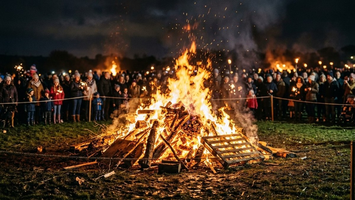 Traditional UK community bonfire night celebration with towering fire and families